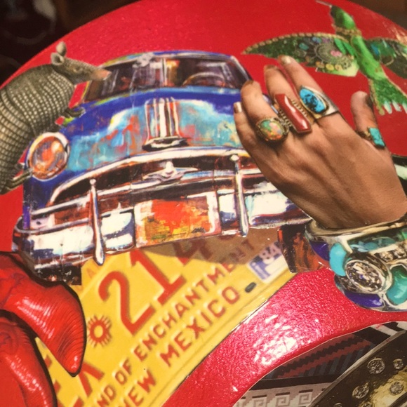 Hand Crafted Vintage Bowl Colorful Southwest Cowboy boots Jewelry Decoupage Art - Picture 2 of 11